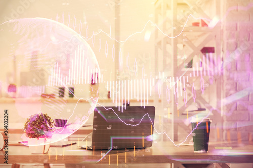 Double exposure of stock market graph drawing and office interior background. Concept of financial analysis.