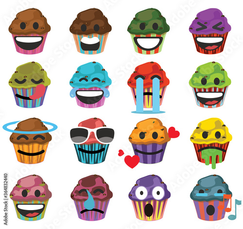 Set of muffins cute cartoon characters, emoji