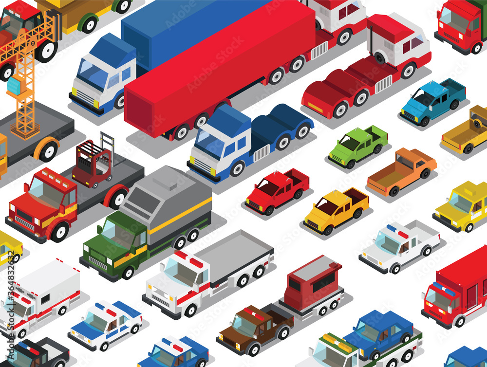 Set of urban public and freight transport cars isometric view front, back Set of urban public and freight transport cars isometric view front, back