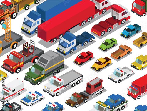 Set of urban public and freight transport cars isometric view front, back