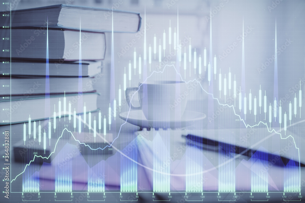 Double exposure of financial chart drawing and desktop with coffee and items on table background. Concept of forex market trading Double exposure of financial chart drawing and desktop with coffee and items on table background. Concept of forex market trading