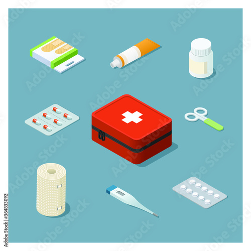 Vector isometric illustration of first aid kit with medical plaster, tablets, capsules, bandage, thermometer.
