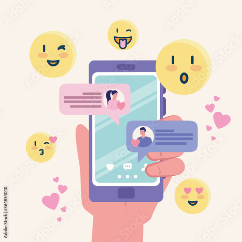hand holding smartphone with woman and man chatting design, Virtual dating and relationship theme Vector illustration