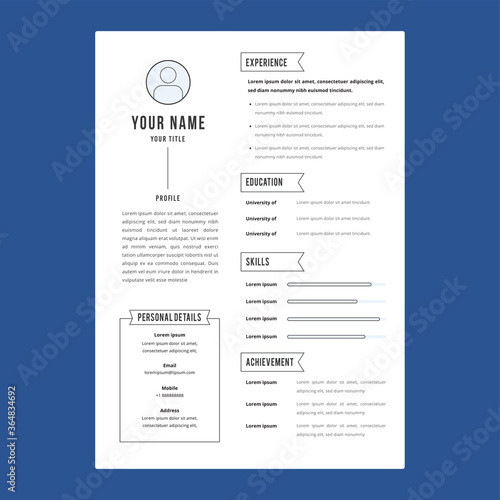 Professional CV resume template design and letterhead / cover letter - vector minimalist. Text and simple layout resume. Awesome for a good job with blue background. Profile, experience, education. 