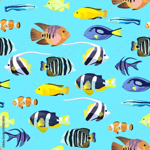 Cute seamless pattern with bright tropical coral fishes.