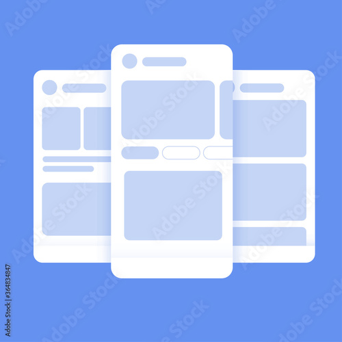Mobile wireframes management sitemap vector mockup. The illustration of mobile design template. Pop-ups touch for mobile applications. Flat illustration set vector. Blue background and white. Phone.