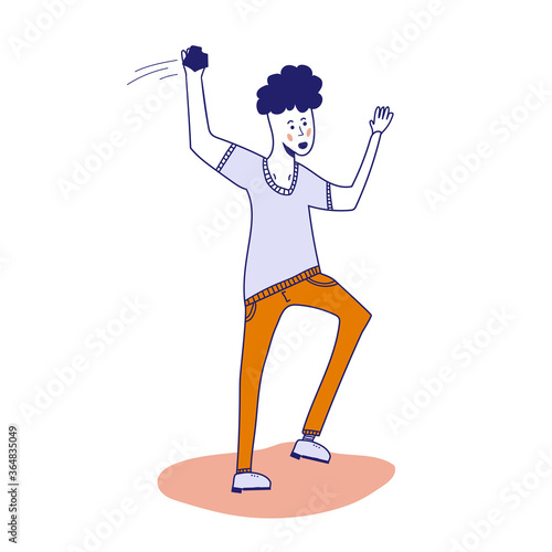 a man throws a stone. The guy is protesting. Riots among young people. A young man wants to throw a piece of asphalt. Vector illustration with blue lines in cartoon style.