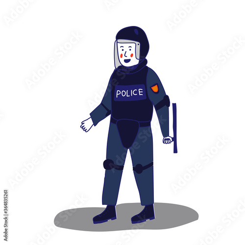 Uniformed police officer standing with a shield and a baton on a white background in cartoon style. Vector illustration with a blue line.