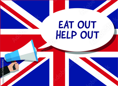 EAT OUT HELP OUT 50% off megaphone vector on a Union Jack background; The Eat Out to Help Out scheme will start from August 3. Restaurants, bars and cafes can sign up to the initiative.