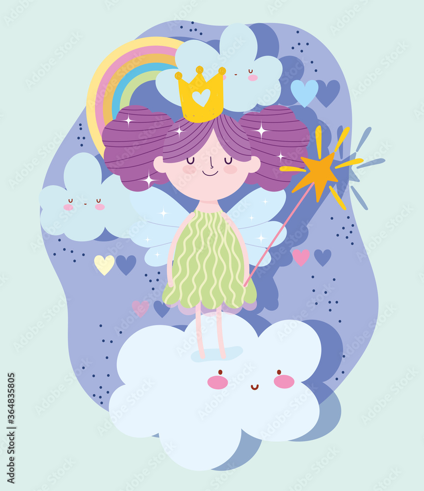 little fairy princess with magic wand on clouds rainbow tale cartoon little fairy princess with magic wand on clouds rainbow tale cartoon