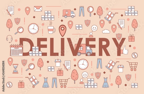 Delivery word banner template. Electronic commerce and online order vector cartoon outline concept. Truck with purchases, parcels, clothes, dress and jeans, gifts, and coins illustration.