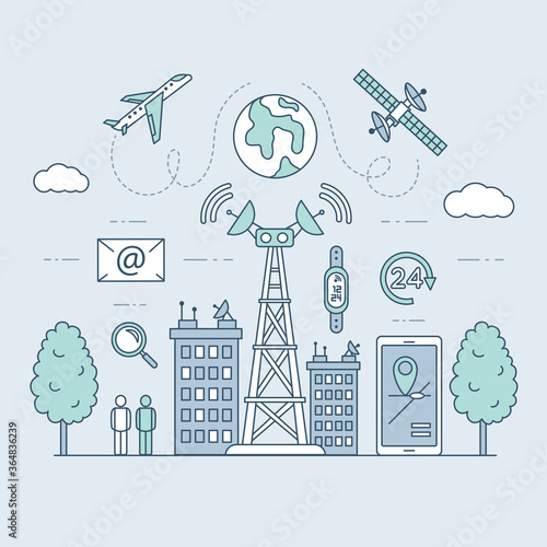 Transmission cellular tower or mobile communications tower on city landscape. Smartwatch, smartphone, satellite, plane, and homes using wireless communication vector cartoon outline illustration.