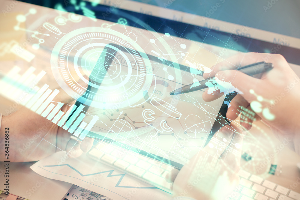 Double exposure of man's hands holding and using a phone and international business theme drawing. Double exposure of man's hands holding and using a phone and international business theme drawing.