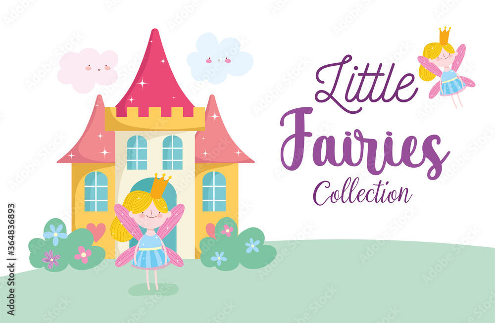 cute little fairies princess with crown and castle tale cartoon