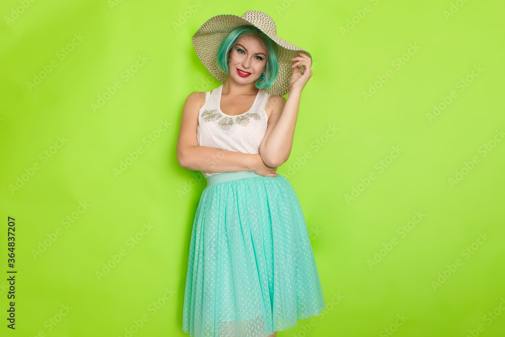 Beautiful young mint haired woman in white top and blue middle skirt wearing white and black hat. Beautiful young mint haired woman in white top and blue middle skirt wearing white and black hat.