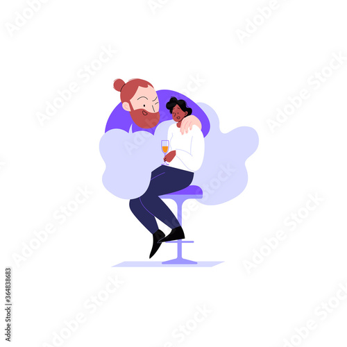 Harassment at the bar. A man touching a woman who is sitting on a barstool holding a wineglass. Unwanted attention from a stranger