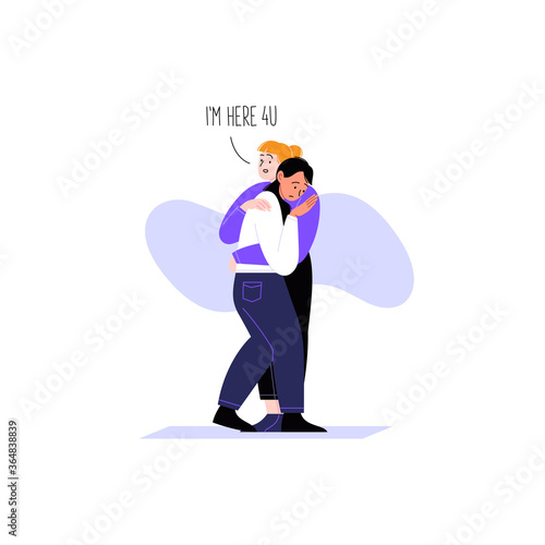 Flat illustration of a woman hugging her friend telling her that she is here for her. Psychological support concept