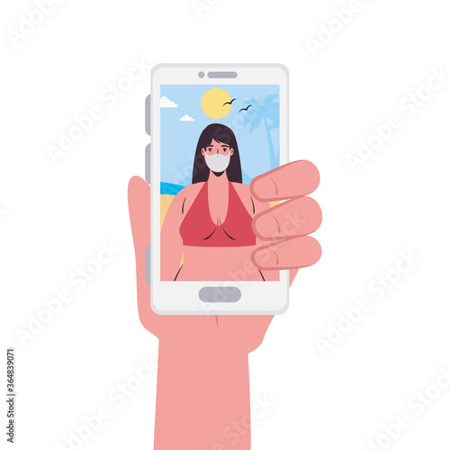 Hand holding smartphone and girl with bikini and mask at the beach in video chat design, Summer vacation tropical and covid 19 virus theme Vector illustration