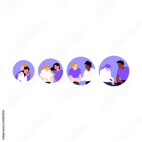 A set of flat illustrations about helping and supporting friends and close people psychologically