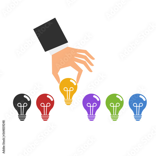 Hand holding light bulb. Businessman picks idea bulb among a lot of lamps of different colors. Flat style. Vector illustration	