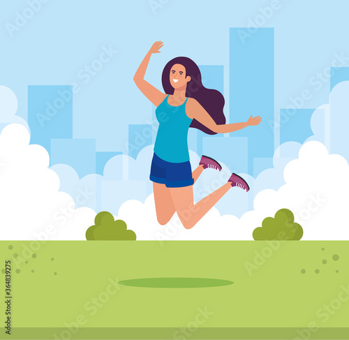 Avatar woman jumping at park design, Girl female person people human and social media theme Vector illustration