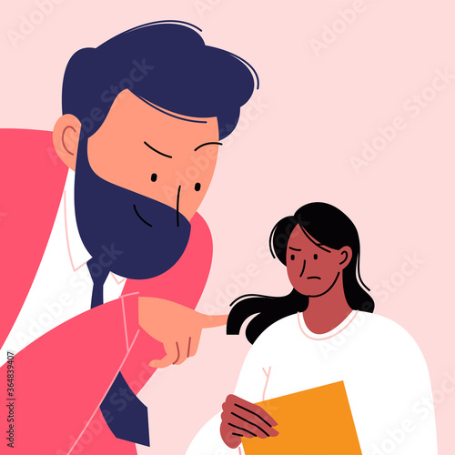 Harassment at work. A boss touching his female employee at the office. Inappropriate colleague behaviour