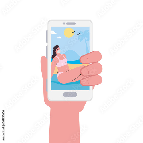 Hand holding smartphone and girl with bikini and mask at the beach in video chat design, Summer vacation tropical and covid 19 virus theme Vector illustration