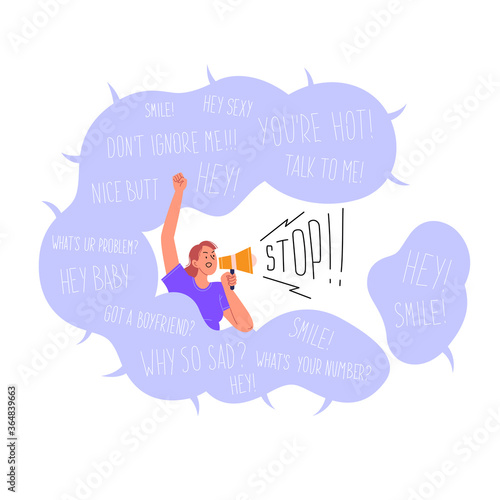 Flat illustration of a feminist protesting against street harrasment shouting stop on loudspeaker
