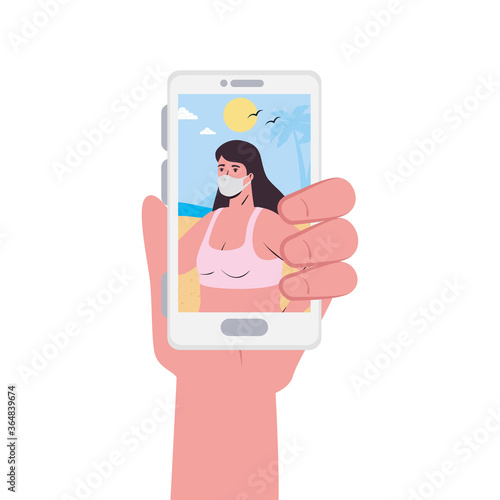 Hand holding smartphone and girl with bikini and mask at the beach in video chat design, Summer vacation tropical and covid 19 virus theme Vector illustration