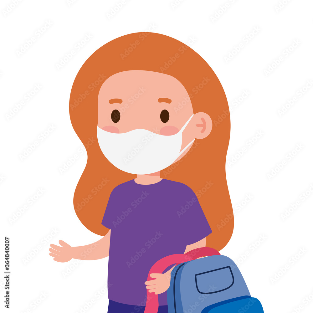 cute girl student wearing medical mask to prevent coronavirus covid 19 with school bag vector illustration design