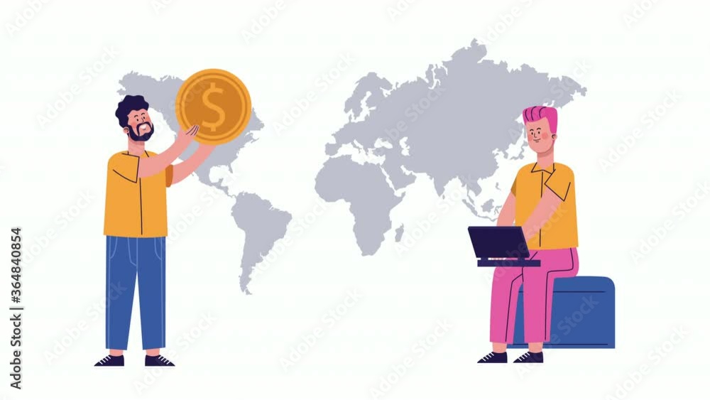 businesmen with coin and laptop characters animated businesmen with coin and laptop characters animated