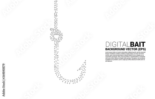 vector fishing hook from dot connect line circuit board graphic. Concept of digital scam and fraud in business.