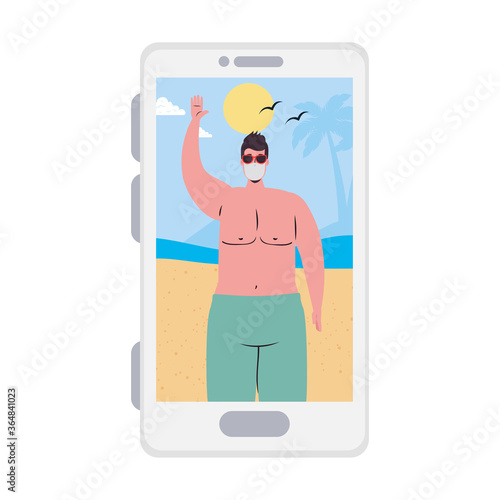 Man with swimsuit and mask at the beach in smartphone in video chat design, Summer vacation tropical and covid 19 virus theme Vector illustration