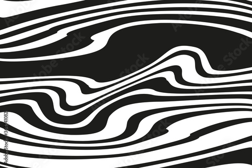 Digital image with a psychedelic stripes. Vector illustration. Texture with wavy, curves lines. Optical art background. Wave design black and white. 