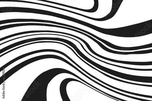 Digital image with a psychedelic stripes. Vector illustration. Texture with wavy, curves lines. Optical art background. Wave design black and white. 