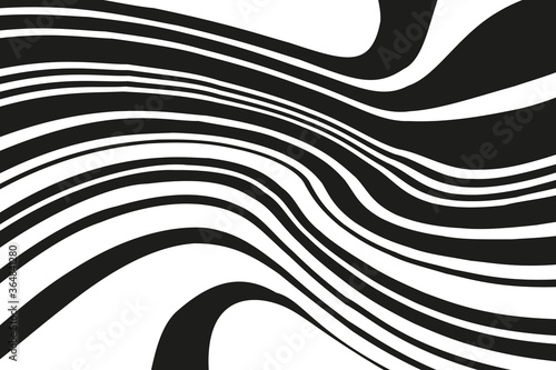 Digital image with a psychedelic stripes. Vector illustration. Texture with wavy, curves lines. Optical art background. Wave design black and white. 