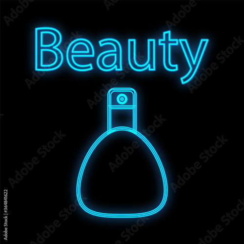 Cute blue neon perfume on a black saturated background. perfume for men and women to create aroma and mood. rich aromatic base, sign for perfumers and aromatic bars. vector illustration