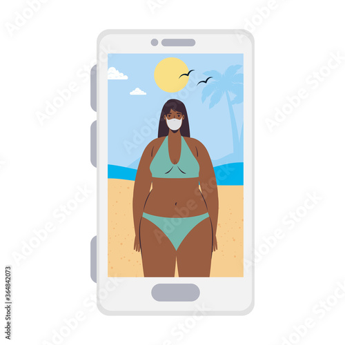 Girl with bikini and mask at the beach in smartphone in video chat design, Summer vacation tropical and covid 19 virus theme Vector illustration