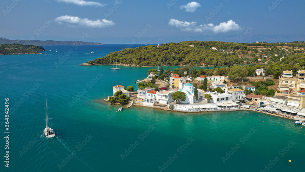 Aerial drone photo of famous fjord seaside village and bay of Porto Heli in the heart of Argolida prefecture, Peloponnese, Greece Aerial drone photo of famous fjord seaside village and bay of Porto Heli in the heart of Argolida prefecture, Peloponnese, Greece