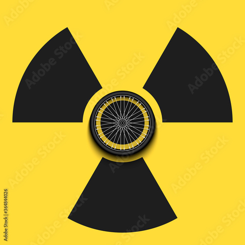 Radiaction symbol with bicycle wheel. Caution radioactive danger sign. Soccer quarantined. Cancellation of sports tournaments. Vector illustration