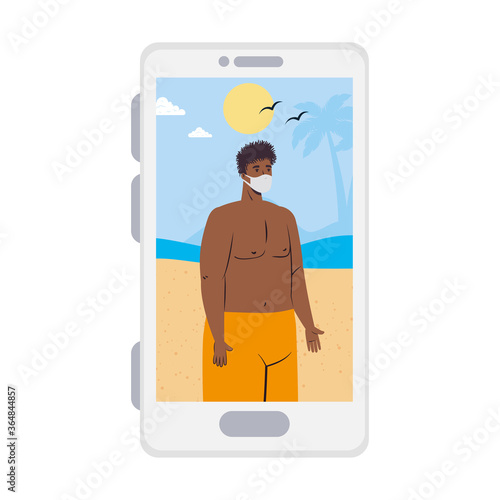 Man with swimsuit and mask at the beach in smartphone in video chat design, Summer vacation tropical and covid 19 virus theme Vector illustration