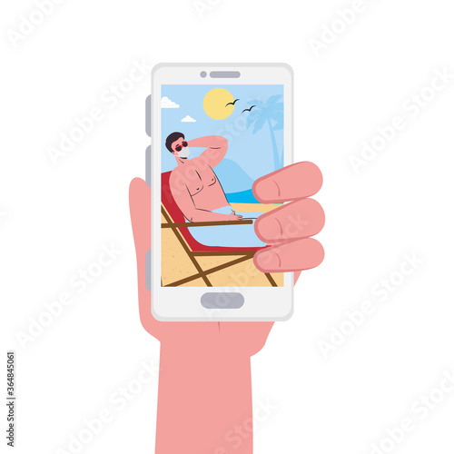 Hand holding smartphone and man with swimsuit and mask at the beach in video chat design, Summer vacation tropical and covid 19 virus theme Vector illustration