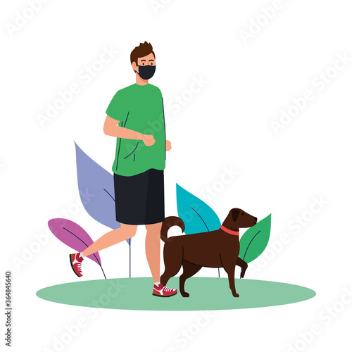 man with mask and sportswear running with dog design of medical care and covid 19 virus theme Vector illustration
