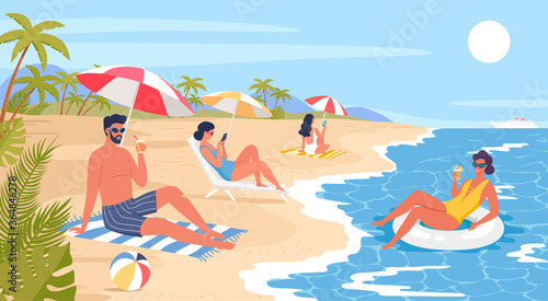 Different people resting on the sunny tropical beach cartoon vector illustration