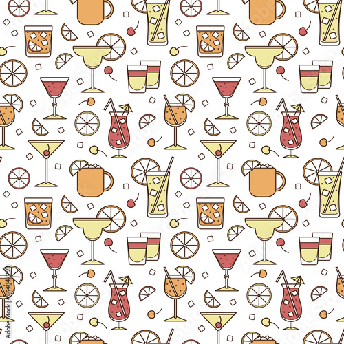 Seamless pattern illustration. Cocktail glasses high ball martini margarita shot Moscow mule mug. For card, poster, invitation or restaurant menu for beach party event, wallpaper or textile