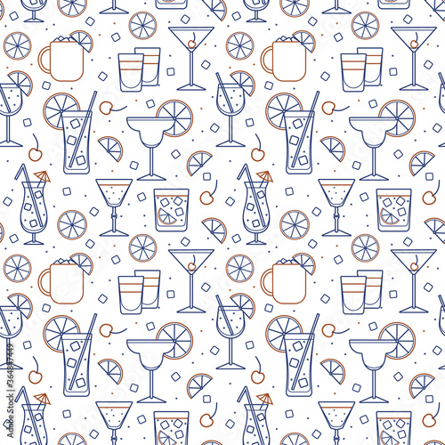 Seamless pattern illustration. Cocktail glasses high ball martini margarita shot Moscow mule mug. For card, poster, invitation or restaurant menu for beach party event, wallpaper or textile