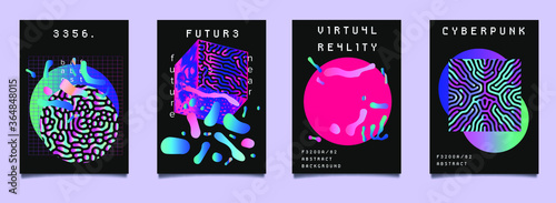 Cyberpunk and vaporwave style posters for music party with neon geometric shapes on dark background. Retrofuturistic aesthetics of 80's - 90's.
