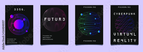 Cyberpunk and vaporwave style posters for music party with neon geometric shapes on dark background. Retrofuturistic aesthetics of 80's - 90's.