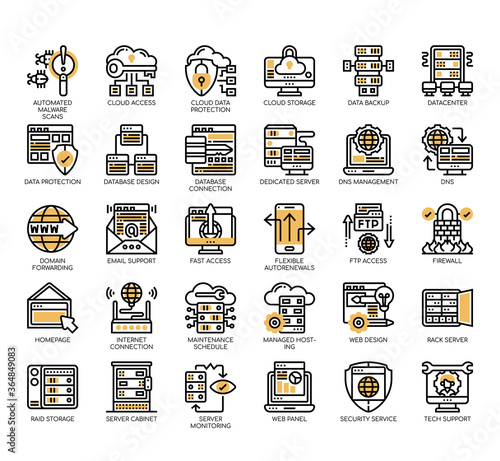 Set of web hosting thin line and pixel perfect icons for any web and app project.
