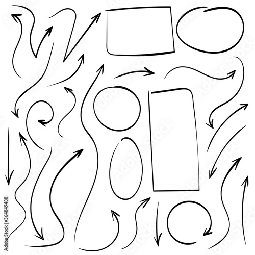 Arrows and abstract shapes doodle writing design vector set, black